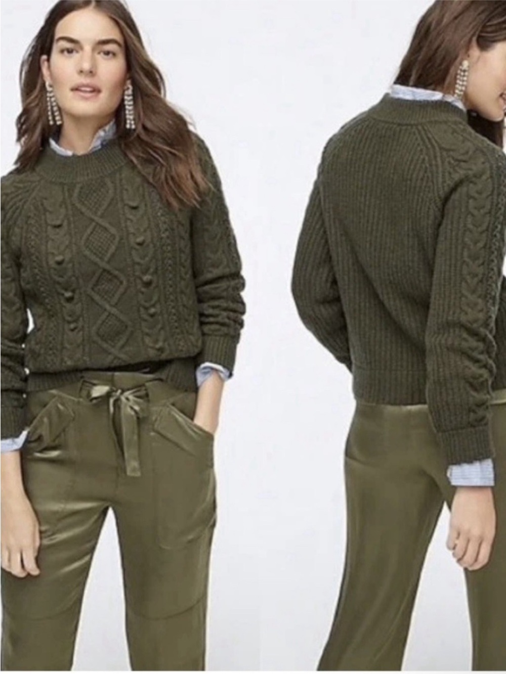 J.CREW Olive Green Cable Knit Pom-Pom Lambswool Heritage Fisherman Sweater Sz M